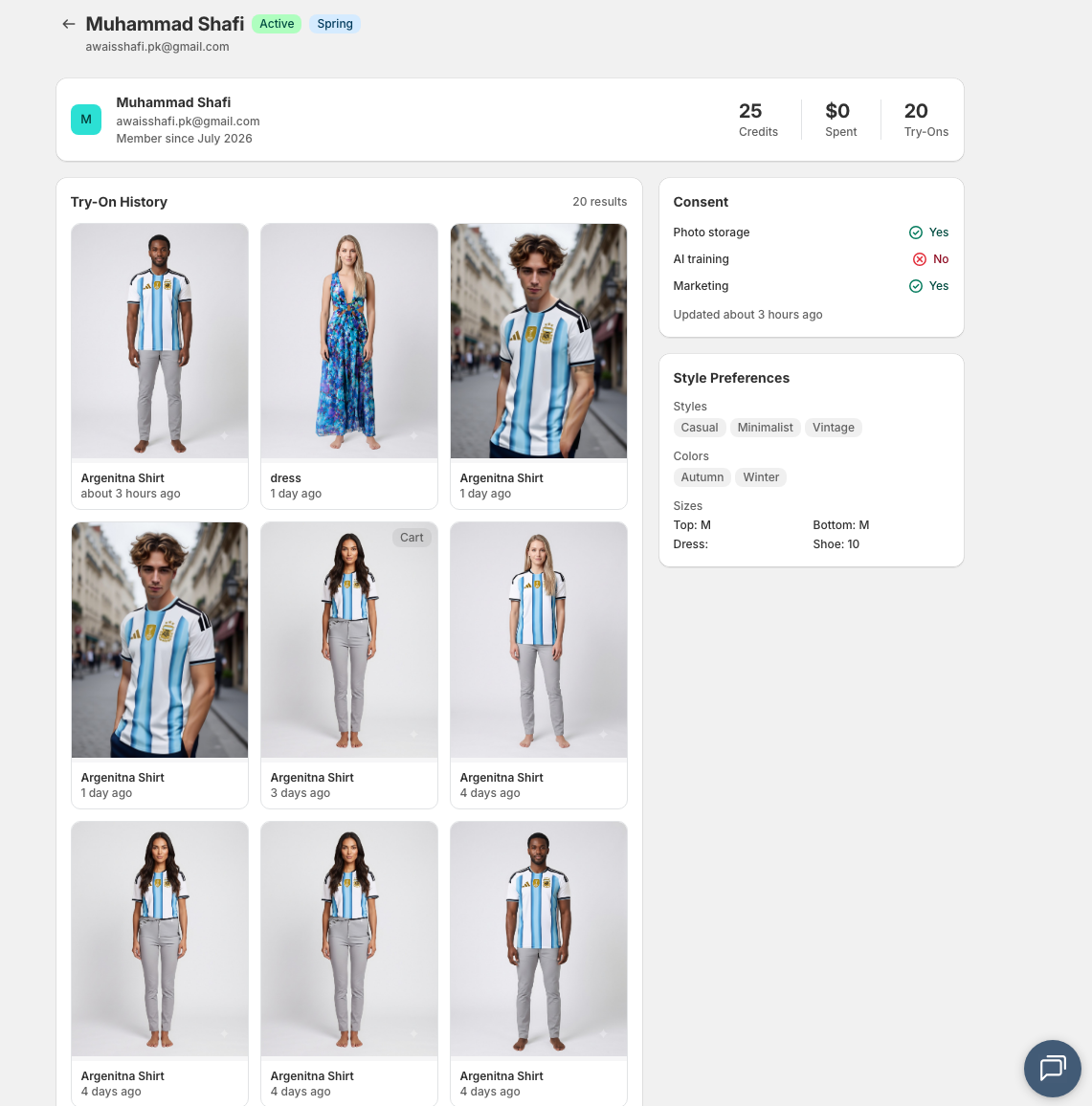 Customer detail page with profile info, stats, try-on history, and consent status