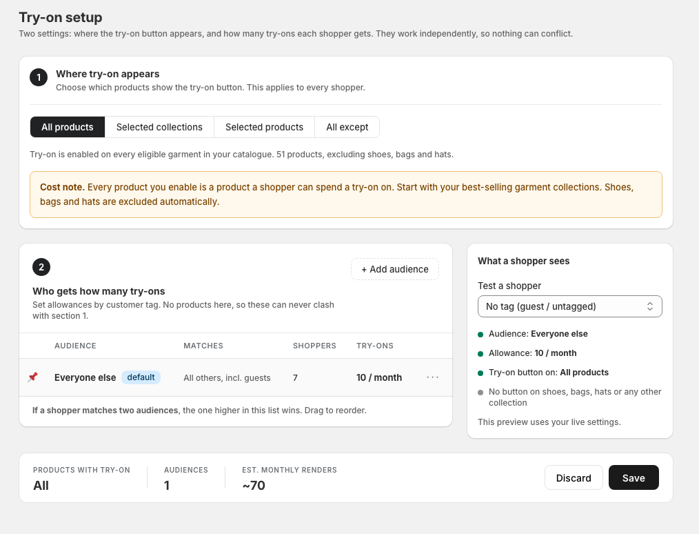 Try-On Setup page overview showing Where try-on appears and Audiences sections