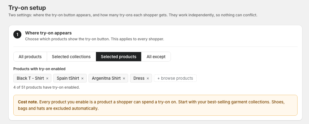 Where try-on appears section with product selection options