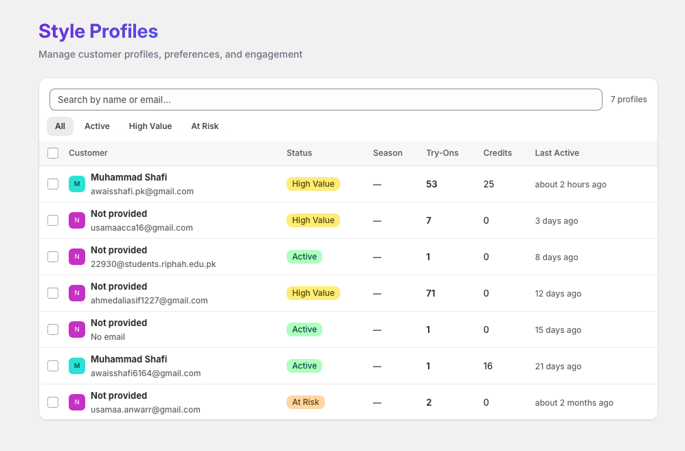 Style Profiles page showing filter tabs, search box, and customer list