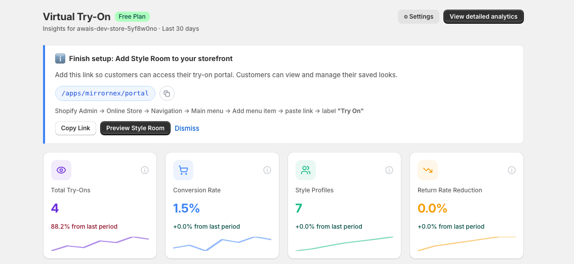 MirrorNex dashboard with Style Room setup card