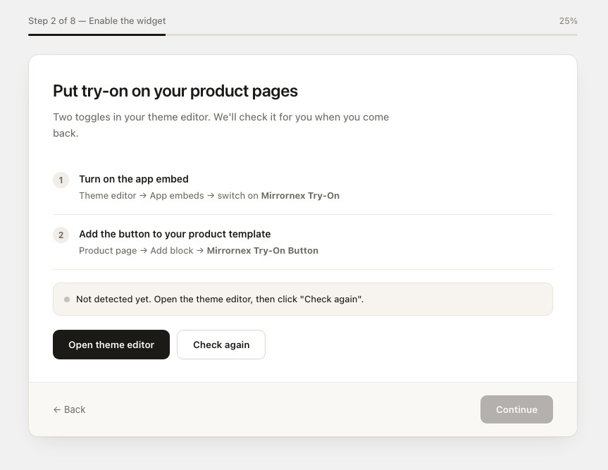 MirrorNex Onboarding - Enable Widget Step