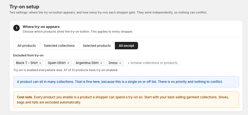 Products list with try-on enable/disable toggles