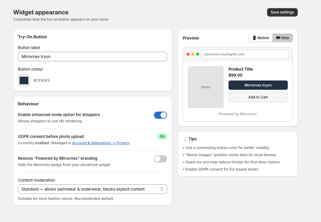 Behaviour settings card with toggle options